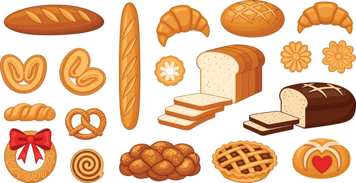 Bakery products collection with bread croissant pretzel pie and pastries fresh baked food illustration set