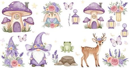 Fototapeta premium Whimsical illustration of gnomes mushrooms flowers deer and lanterns in a fantasy forest setting with magical creatures