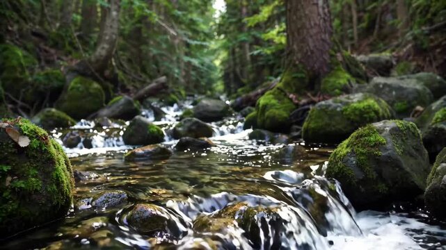 A natural scene of a gurgling stream in the forest
