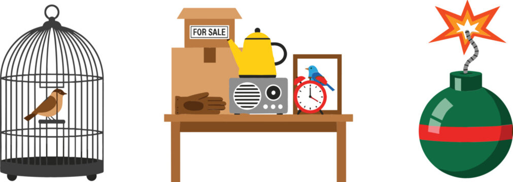 Vintage objects vector set featuring bird in cage, retro radio table scene and explosive bomb illustration