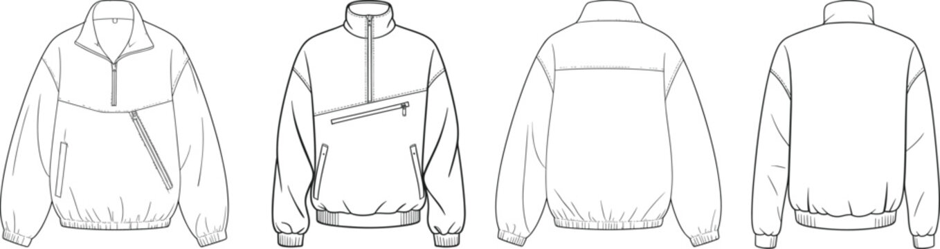 Men windbreaker jacket set with half zip and utility pockets, front and back views, minimalist outerwear template &ndash; vector illustration