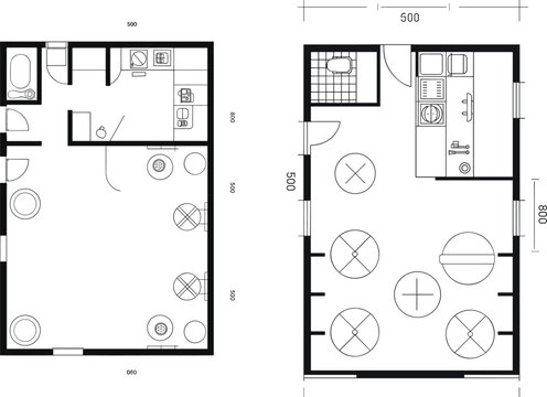 Restaurant floor plan layout with kitchen and seating area, architectural blueprint design, top view interior &ndash; vector illustration