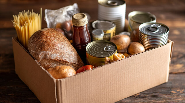 A cardboard box filled with various canned and non-perishable food items ready for distribution