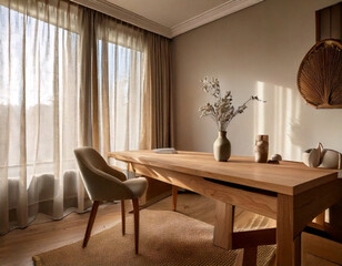 Fototapeta premium Zen style minimalist workspace with sunlit linen curtains and rustic wooden table