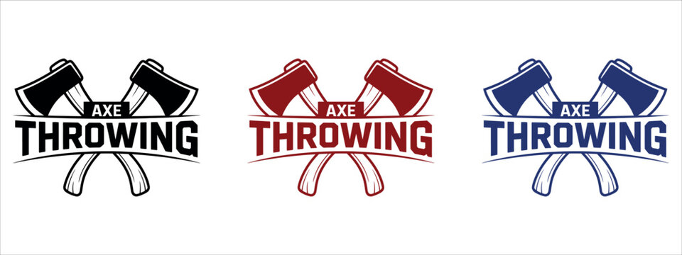 Flat design vector icons of axe throwing in three vibrant colors, ideal for sports, gaming, competition, or outdoor activity promotions and digital content.