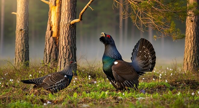 Two Capercaillie Birds Displaying in a Forest Clearing.