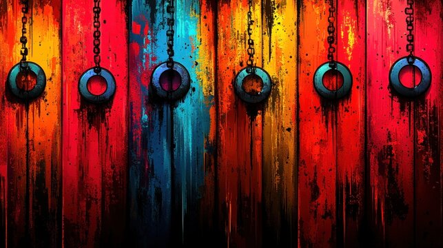 Vibrant colors blend as chains hang from a painted surface radiating energy