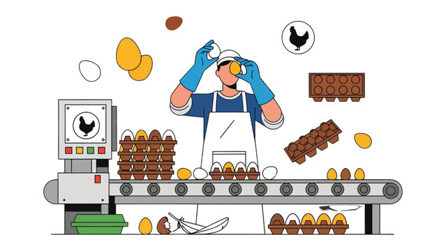 Egg Production Line: An illustration capturing the dynamic scene of egg processing and packaging. A worker is shown meticulously handling eggs at a production facility.