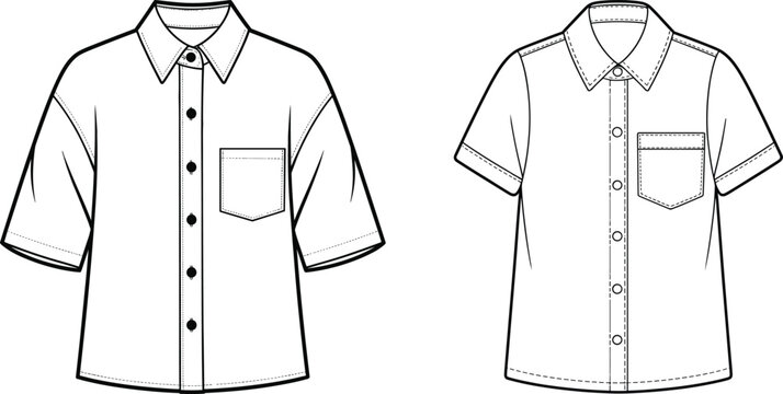 Men short sleeve shirt set, button up casual shirts with pocket, front and back views, fashion apparel templates &ndash; vector illustration