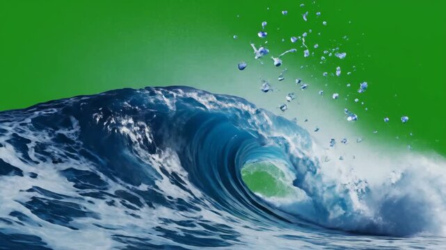 Green Screen Huge Blue Ocean Wave Crashing with White Foam Slow Motion