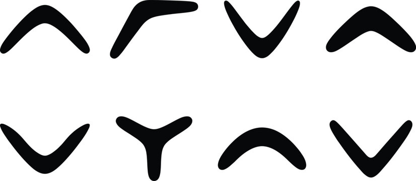 Eight Black Boomerang Shapes in Various Forms on White Background Keywords: boomerang, shape, abstract, sport, recreation, weapon, tool, graphic, illustration, black and white, isolated, design