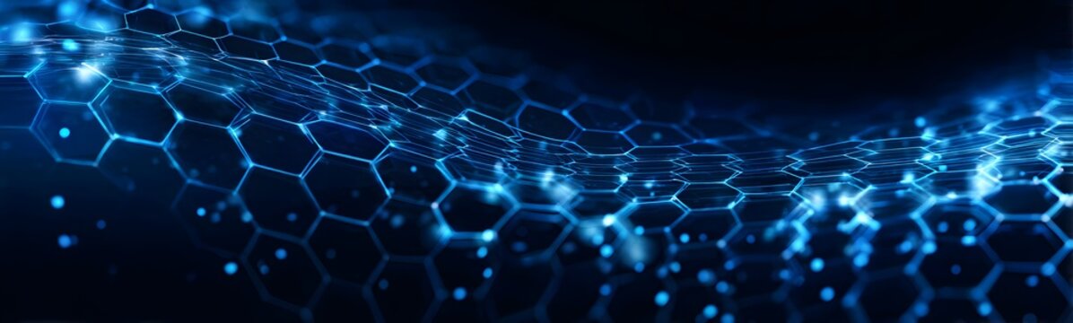 3d rendering abstract technology background with glowing blue hexagonal grid and light particles forming a dynamic wave structure in digital space representing data science or internet connectivity