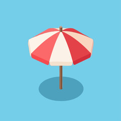 Fototapeta premium Red and white beach umbrella on blue background.
