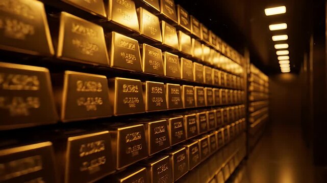 Rows of gleaming gold bars stacked high in a secure vault.