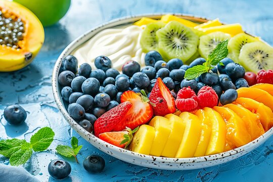 A delightful bowl of fresh mixed fruits topped with creamy white sauce for a refreshing treat