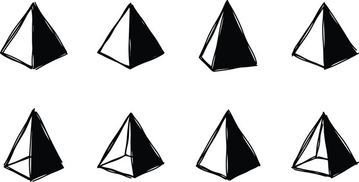 Set of eight hand-drawn pyramid geometric shapes in black and white with varied shading and perspective Keywords: pyramid, geometric, shape, 3D, form, illustration, hand-drawn, sketchy, artistic