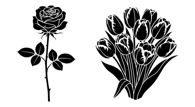 Black floral silhouettes of a single rose and a tulip bouquet, elegant botanical vector elements, minimalist flower illustrations for wedding decor