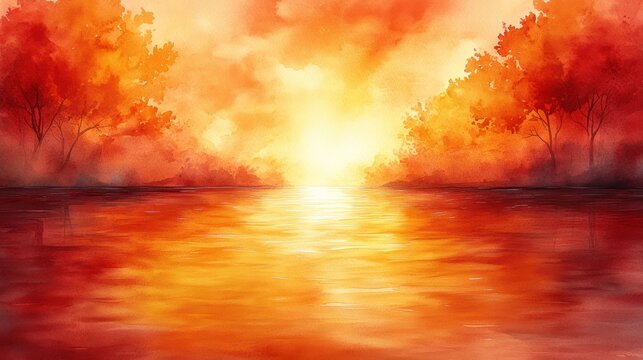 Sunset colors the calm water and golden autumn trees in peaceful serenity
