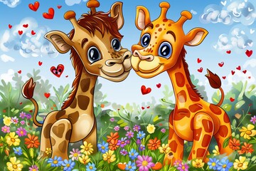 Obraz premium Joyful cartoon lion and giraffe in a vibrant floral garden with floating hearts above