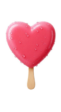 A delicious pink heart-shaped ice pop with a wooden stick isolated on transparent background,png