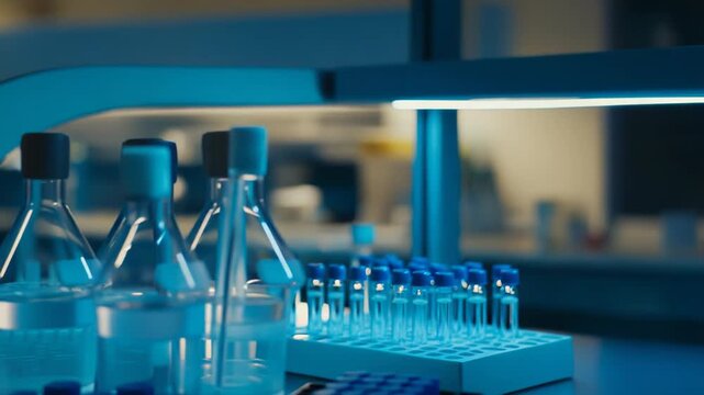 Laboratory vials and flasks filling the workspace, used for chemistry experiments, medical analysis, pharmaceutical development, biotechnological advancements, and scientific research