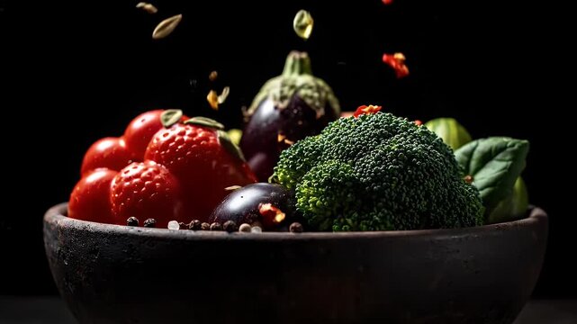 Fresh Vegetables and Berries in a Bowl with Oil Drizzle.