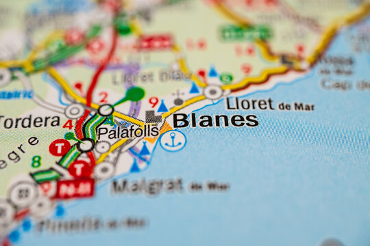 Coastal map close up of Blanes and Mediterranean shoreline in Catalonia Spain.