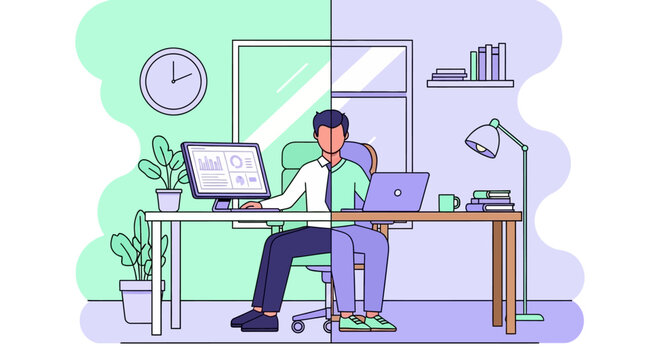 A compelling illustration depicts the modern hybrid work model, seamlessly integrating traditional office and comfortable home environments for professionals.