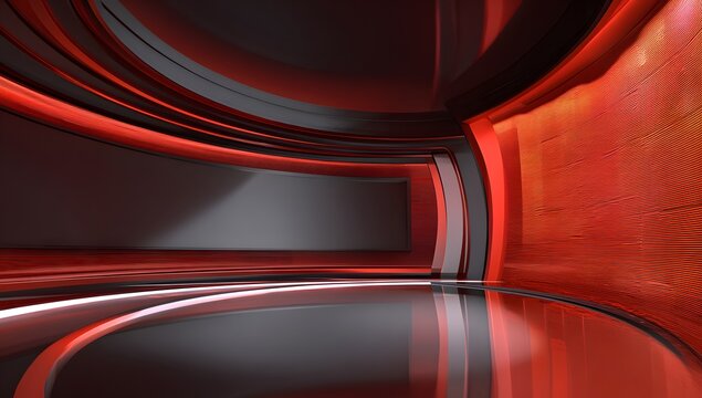 Sleek dark virtual newsroom with integrated screen space and sophisticated red accents perfect for breaking news announcements or business reports requiring premium professional look and feel