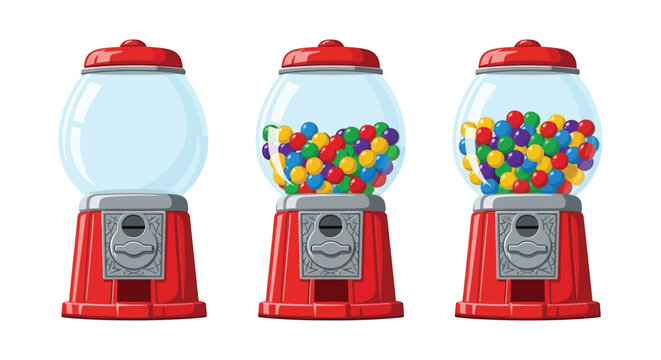 Colorful gumball machine vector illustration showing empty and full stages sequentially
