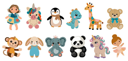 Naklejka premium Cute cartoon animals and dolls in cheerful poses. Each character radiates playful joy and innocence. Perfect for children's products or educational materials. Ideal for illustrations, games