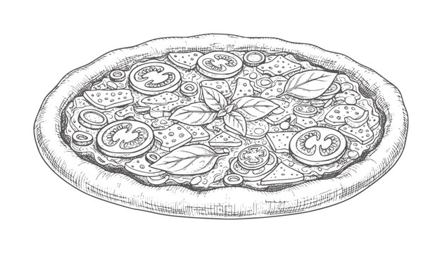 Hand drawn pizza with tomato basil and cheese toppings food