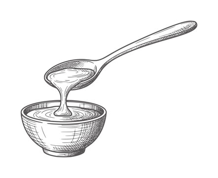 Hand drawn spoon pouring liquid into a bowl vintage