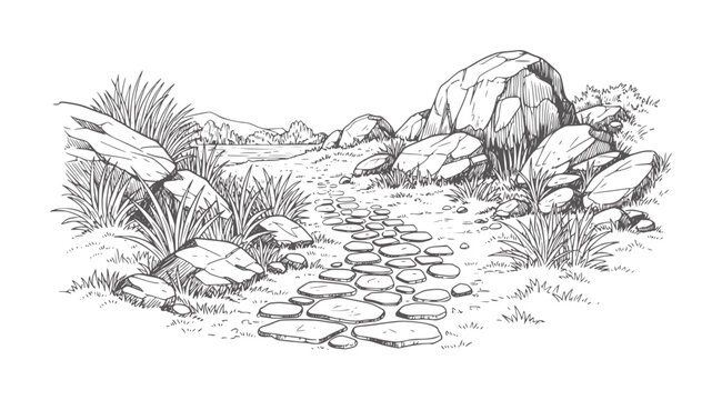 Hand drawn stone path winding through grass and rocks towards a lake