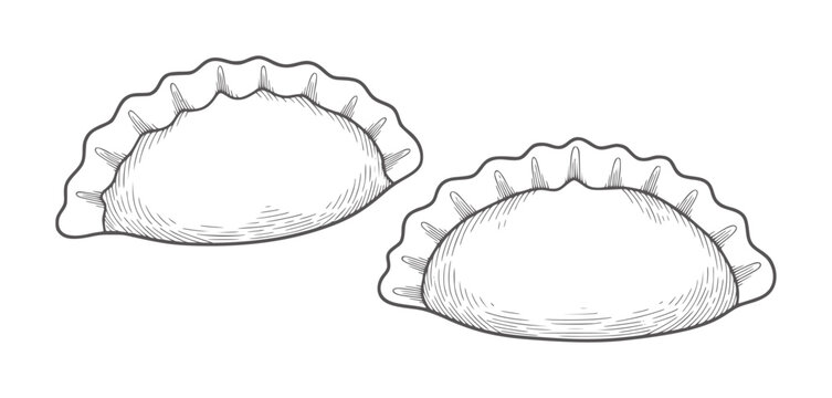 Two hand drawn pierogi dumplings with crimped edges food pastry dough