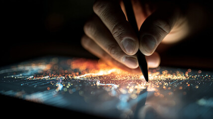 Obraz premium A person uses a stylus to draw on a digital tablet at night