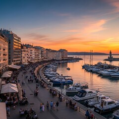 Fototapeta premium Coastal Cityscape at Sunset - Boats, Buildings, and People.