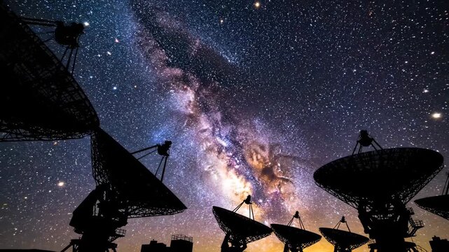 Stunning Milky Way Galaxy over Satellite Dishes with silhouetted radio telescopes under a starry night sky, perfect for science documentaries and space exploration concepts.