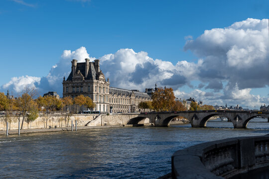 View on bridges, embarkment of Seine river, streets, buildings, parks and museums in capital of France, central part of Paris, tourists destination, autumn in Paris