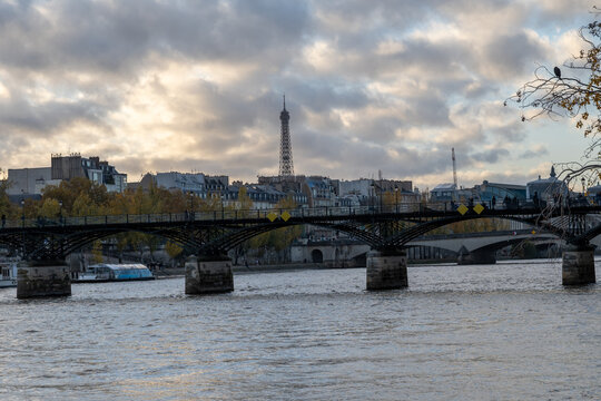 View on bridges, embarkment of Seine river, streets, buildings, parks and museums in capital of France, central part of Paris, tourists destination, autumn in Paris