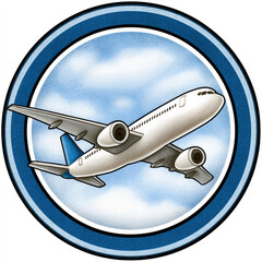 Naklejka premium Illustrated airplane in blue sky emblem with circle border on white background
