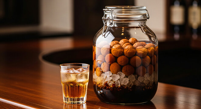 Umeshu Ingredients, Rock Sugar, umeshu ingredients ume plums rock sugar glass jar, ice cold refreshing, Dark Izakaya, Eye-level view