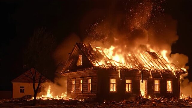 A terrible incident as a wooden cottage burns down. This horrifying footage is perfect for content about disaster, loss, and fire safety.