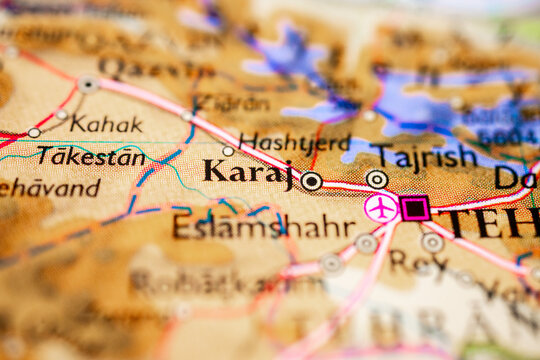 Selective focus map detail of Karaj near Tehran Iran for travel planning concept.