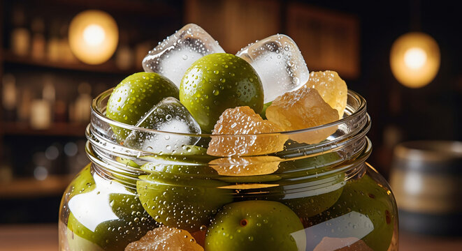 Umeshu Ingredients, Rock Sugar, umeshu ingredients ume plums rock sugar glass jar, ice cold refreshing, Dark Izakaya, Macro view