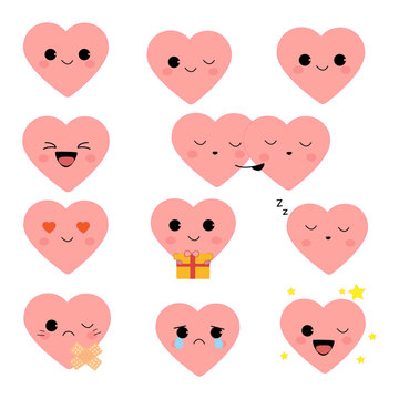Flat design graphic of pink heart characters with cute facial expressions showing emotions like love happiness and sadness.