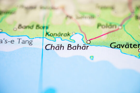 Macro map detail of Chah Bahar coastline in Iran with coastal roads and settlements.