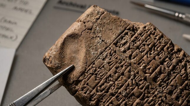 Ancient Mesopotamian clay tablet under raking sidelight, cuneiform script casting micro-shadows, fingerprint of the scribe still visible in fired clay pressed 4,000 years ago, conservation lab