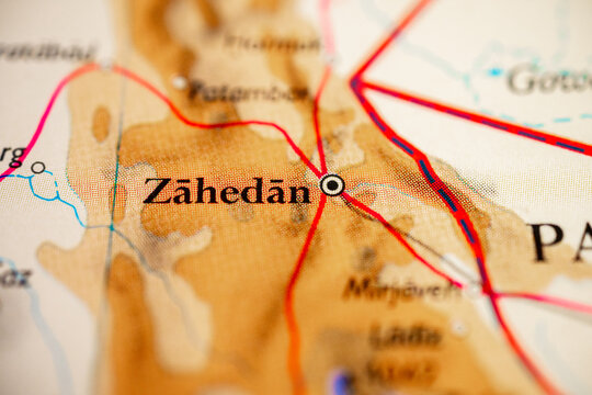 Macro map closeup of Zahedan city in Iran with intersecting regional roads.