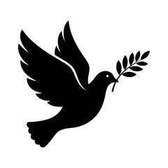 Fototapeta premium Black silhouette of a dove flying with an olive branch in its beak, symbolizing peace and hope.